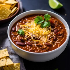 Wall Mural - A spicy and flavorful chili soup with tender chunks of beef, beans, and a sprinkle of grated cheese