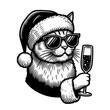 cool cat wearing sunglasses and Christmas hat and holding a champagne glass sketch