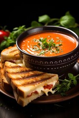 Wall Mural - A steaming bowl of tomato soup with a grilled cheese sandwich on the side,