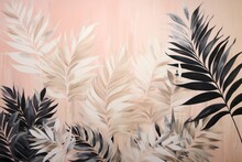  A Painting Of Black And White Leaves On A Pink Background With A Light Pink Wall In The Back Ground And A Light Pink Wall In The Middle Of The Background.