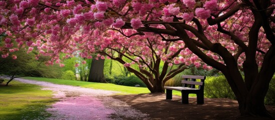 Canvas Print - vibrant summer of spring, the garden flourishes with pink floral blooms, enhancing the beauty of the natural landscape as the trees sway gracefully, and the leaves rustle gentle breeze, fostering