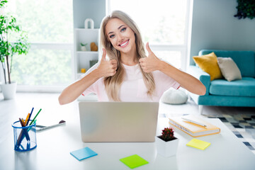 Poster - Photo of charming lovely girl hr recruiter working home indoors showing thumbs up nice result resume cv