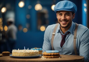 Wall Mural - Charming handsome white men wearing blue costume and hat, cake on tabletop, blurred background 