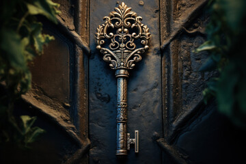 Poster - A rustic key in an antique keyhole, hinting at the mysteries and secrets waiting to be unlocked. Concept of discovery and curiosity. Generative Ai.