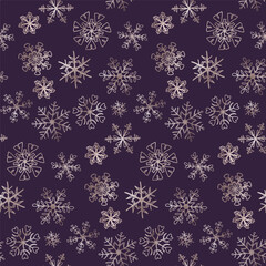 Christmas rose gold snowflakes background. Christmas seamless pattern with small gold snow flakes on pink backdrop. Winter holidays texture. Repeat design for wallpapers, wrapping, website, textile