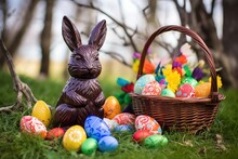 chocolate bunny next to a basket of colorful easter eggs on green grass