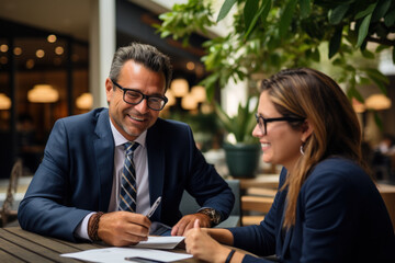 Poster - a banker discussing mortgage rates and terms with a client at a local bank branch. concept of financ