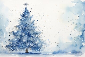 Wall Mural -  a watercolor painting of a blue christmas tree with snow flakes on the top and bottom of the tree, on a white background of blue watercolor stains.