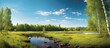 In the blue summer sky, a traveler explores a beautiful landscape filled with lush green grass, towering trees, and a serene water source running through a peaceful forest of white birch wood. The