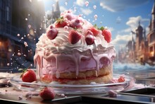  A Close Up Of A Cake On A Plate With Strawberries On The Top Of It And Icing On The Top Of The Cake And On The Bottom Of The Cake.
