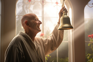 Poster - a cancer patient ringing the bell of hope to mark the end of their treatment journey, representing t