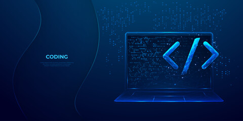 Fototapete - Abstract programming code icon on a laptop screen in light blue low poly futuristic style on technology background. Program and software development. Digital web code. Polygonal vector illustration.
