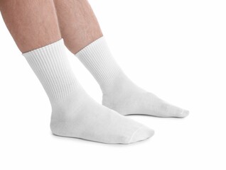 Canvas Print - Man in stylish socks on white background, closeup