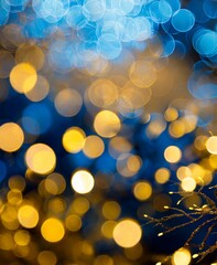 Poster - Blue and yellow golden bokeh particles abstract background, New Year or Christmas wallpaper for design. Holiday Celebration Concept