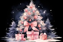  A Watercolor Painting Of A Christmas Tree With Presents In Front Of It And A Pink Bow On The Top Of The Tree, With Snow On A Black Background.