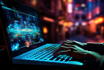 Fototapete - Close up shot of human hands typing on laptop keyboard