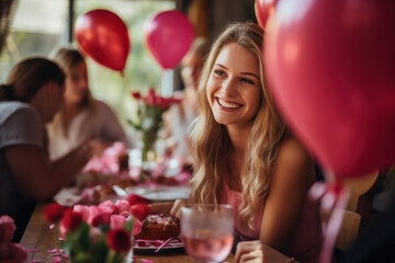 Sticker - A cheerful group of friends gathering for a Valentine's Day brunch, celebrating their bonds of friendship. Generative Ai.