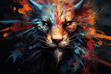   a painting of a fox's face with orange, blue, and red paint splatters on it's face and a black background with a black background.