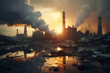 Poster - A sprawling industrial complex with towering smokestacks, emanating the hum of productivity and the pulse of modern manufacturing. Concept of industrial prowess. Generative Ai.