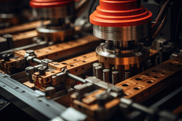 Poster - Rows of precision machinery working in harmony, producing a symphony of mechanical sounds as they fabricate intricate components. Concept of mechanical precision. Generative Ai.