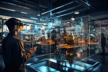 Poster - a futuristic factory incorporating augmented reality systems for employee training and workflow opti