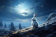 a white rabbit sitting on top of a rocky hillside under a night sky with stars and the moon in the sky over a field of grass and rocks and rocks.