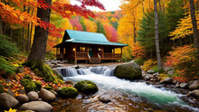 Idyllic Nature Retreat: Experience The Beauty Of An Idyllic Nature Retreat. Nestled Among Tall Trees, A Babbling Brook And A Carpet Of Colorful Autumn Leaves, Generative AI, Generative, AI