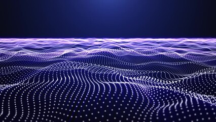 Wall Mural - energy field of abstract white and blue waves made of glowing particles on a dark background with mo