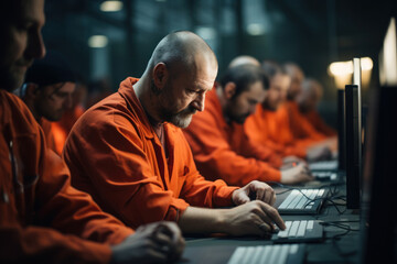 Canvas Print - Inmates learning computer programming skills, preparing for future job opportunities upon release. Concept of technology training in prisons. Generative Ai.