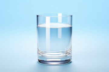  a glass of water sitting on top of a blue table next to a glass of water on top of a blue counter top next to a bottle of water in front of a blue background.