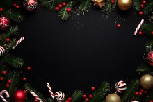 Festive Elegance. Christmas Tree Frame With Red Ornaments Candy Canes And Winter Decor On Dark Background. Holiday Composition. Top View Of Xmas Table With Gift Decorations