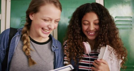 Wall Mural - Locker, laugh and friends in school for learning, studying and knowledge in hallway. Education, teenager and happy young female students with textbooks, talking and speaking in academy corridor