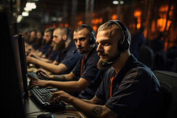 Wall Mural - Inmates working in a prison-based call center, developing customer service skills and employability. Concept of vocational training in call centers. Generative Ai.