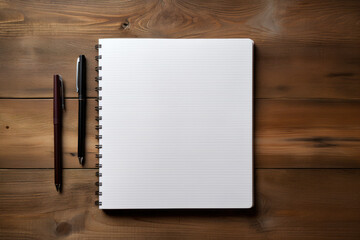 Poster - A blank notebook and pen on a rustic wooden desk, waiting for creative ideas to fill its pages. Concept of starting a new journal. Generative Ai.