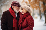 Fototapeta Las - A joyful senior couple, amid a snowy park, celebrates Valentines Day, exuding romance and happiness
