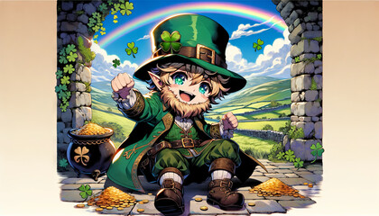 Wall Mural - Anime-style illustration of a Leprechaun, set in an Irish countryside scene.