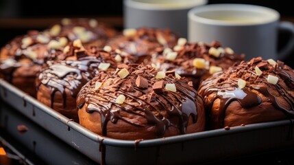  a close up of a tray of doughnuts with chocolate drizzled on top of them and two cups of coffee in the back ground behind it.