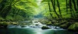 The lush green landscape of Oirase in Japan showcases the beauty of nature during summertime, with vibrant leaves adorning the forest, a majestic mountain backdrop, and a serene river winding through