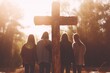 Kids, children holding hands and praying around wooden christian cross. Church worship, believe, camp concept