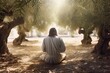 Jesus in agony praying in Gethsemane garden of olives before his crucifixion. Good Friday, Passion, Easter concept. Christian religion, faith, Salvation
