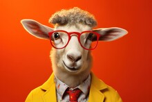  A Sheep Wearing Red Glasses And A Yellow Jacket With A Red Tie And A Yellow Jacket With A Red Tie And A Red Jacket With A Red Tie And Orange Background.