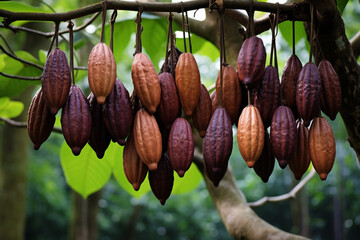 Aufkleber - A display of Cacao Pods hanging from the trunk of a cacao tree, the source of the prized ingredient for chocolate.