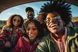 Group of smiling Black friends on a sunny road trip creating joyful memories for social media content