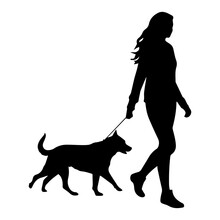 Vector Silhouette Of Walking With Dog, 