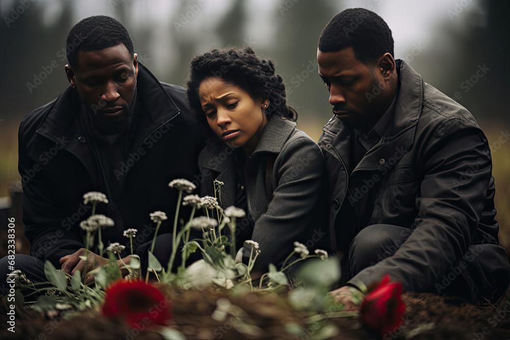 Somber moment of remembrance as a family mourns together at a gravesite ...