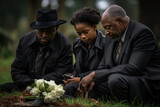 Fototapeta Las - Family in mourning at funeral with sorrow and remembrance African American adults in solemn unity at cemetery reflecting on loss and support in nature