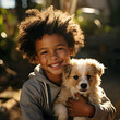 Smiling mixed-race boy embracing a fluffy small dog in a sunny garden representing childhood joy leisure and companionship