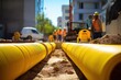 Pipe laying, yellow plastic pipeline. Generative AI