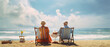 old man and old woman on vacation, back view, sitting on sun lounger chair right on the beach by the sea by the water