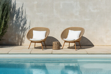 The landscape view of two wicker lounge chairs with pillows and coffee table set near private swimming pool at a pool villa accommodation, summer vacation. Generative AI.